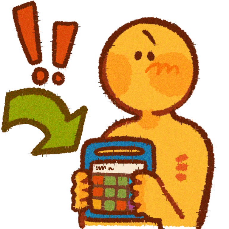  a symbol of an emoji-yellow person holding an aac, there is a green arrow pointing at their aac, & two orange exclamation marks above the arrow .